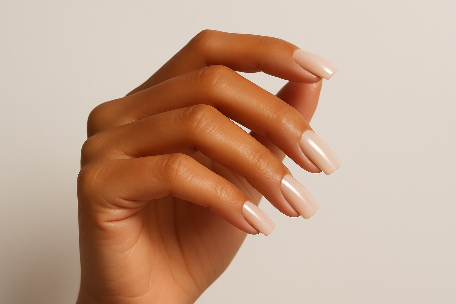 Create an image of a clean feminine hand with a classy set of basic press on nails shaped in square form with caramel skin tone